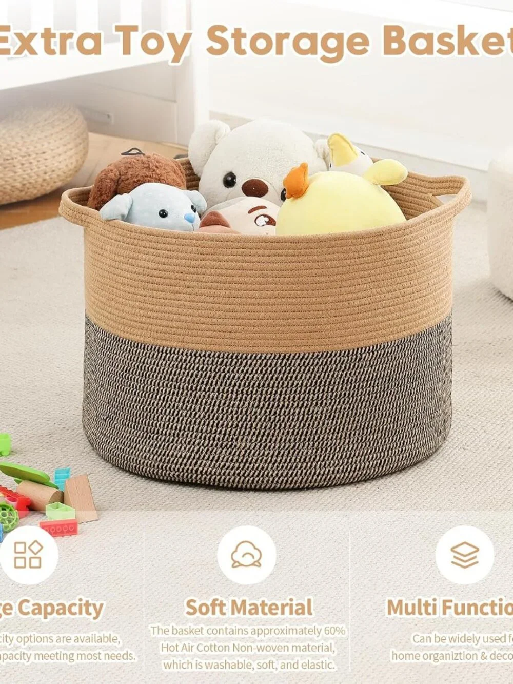 New Foldable Laundry Hamper Basket with Collapsible Handle Cotton Rope Soft Wov